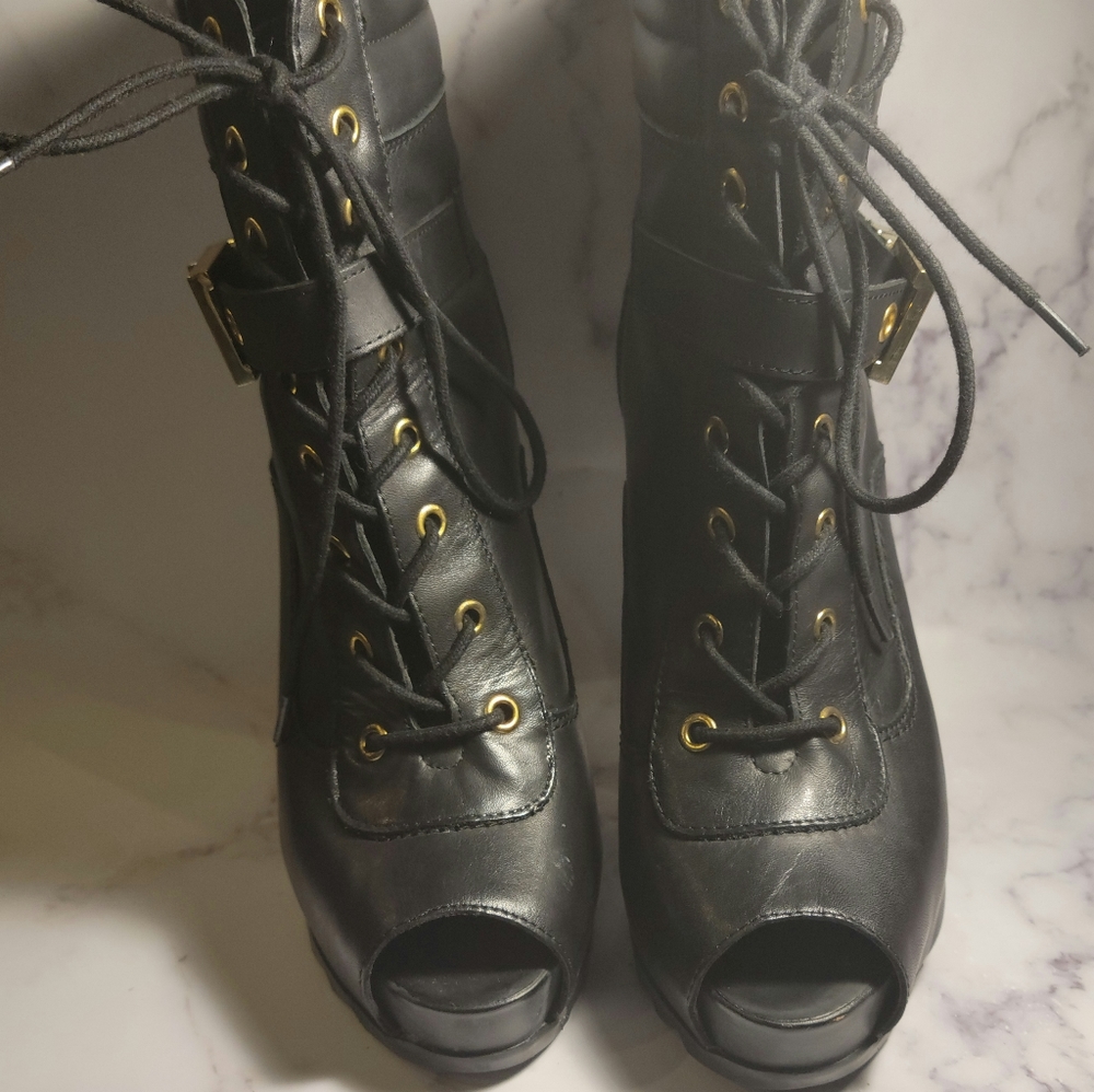 GUESS stiletto leather peep toe booties black lace up